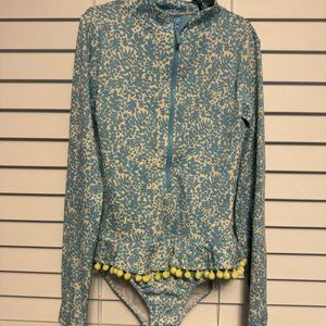Mini Boden Blue Flowered One piece swimsuit with rashguard, size 11-12